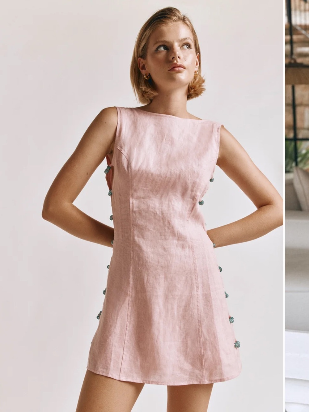 VRG GRL Tia Linen Mini Dress (Blush) with teal side beads